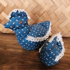 Handmade Set of 2 Primitive Fabric and Lace Chickens Bowl Fillers Grandmacore